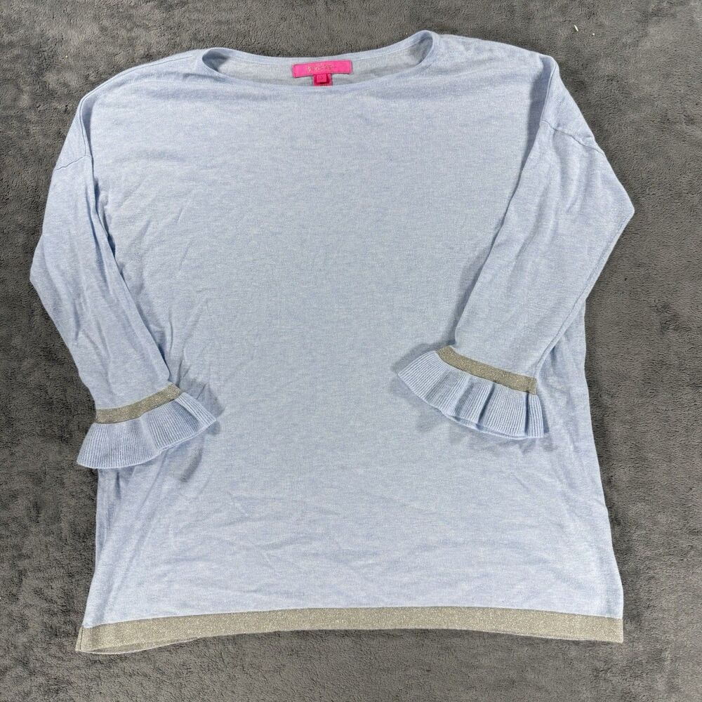 Lilly Pulitzer Charla Ruffle Cuff Sweater Heathered Crew Blue Gold‎ Small